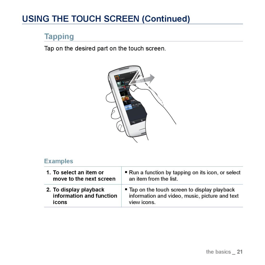 Samsung YP-M1EB, YP-M1CB manual Using the Touch Screen, Tapping, Tap on the desired part on the touch screen, Examples 