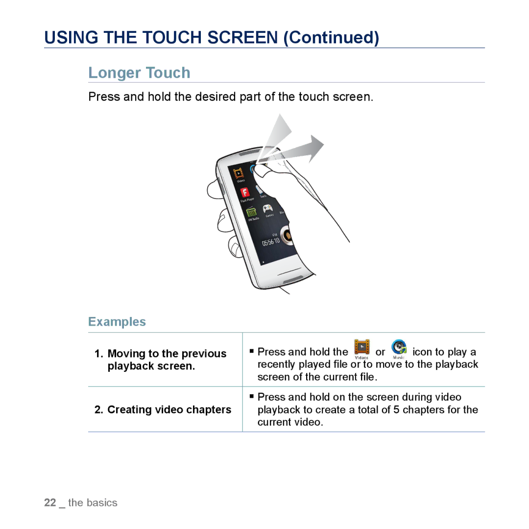 Samsung YP-M1CB, YP-M1EB manual Longer Touch, Press and hold the desired part of the touch screen 