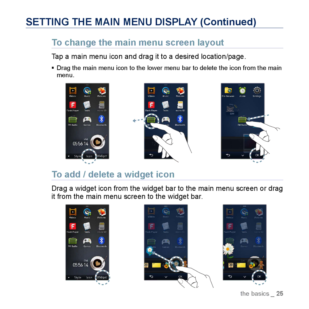 Samsung YP-M1EB manual Setting the Main Menu Display, To change the main menu screen layout, To add / delete a widget icon 