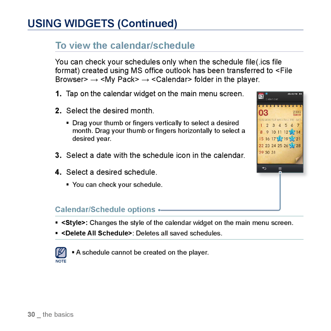 Samsung YP-M1CB, YP-M1EB manual To view the calendar/schedule, Calendar/Schedule options 