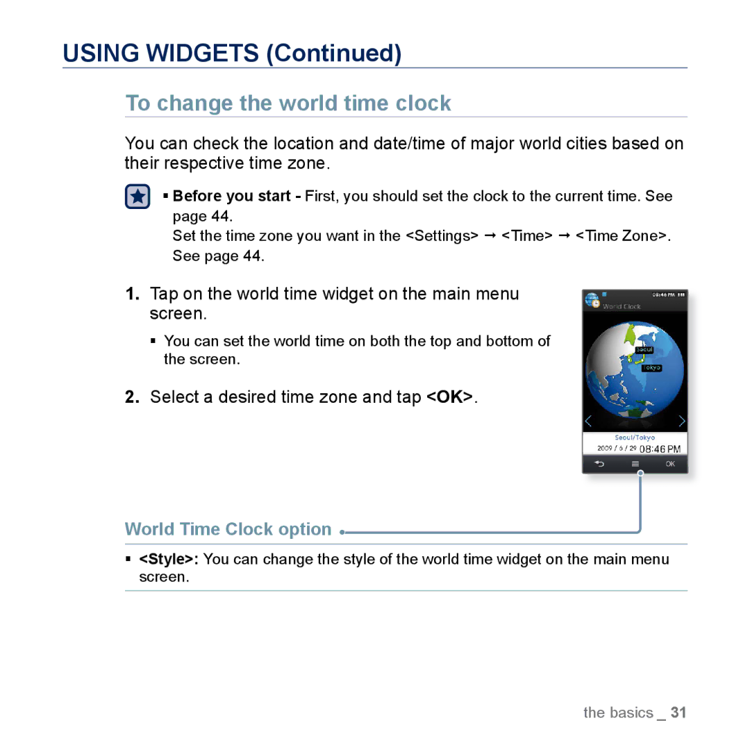 Samsung YP-M1EB, YP-M1CB manual To change the world time clock, Tap on the world time widget on the main menu screen 