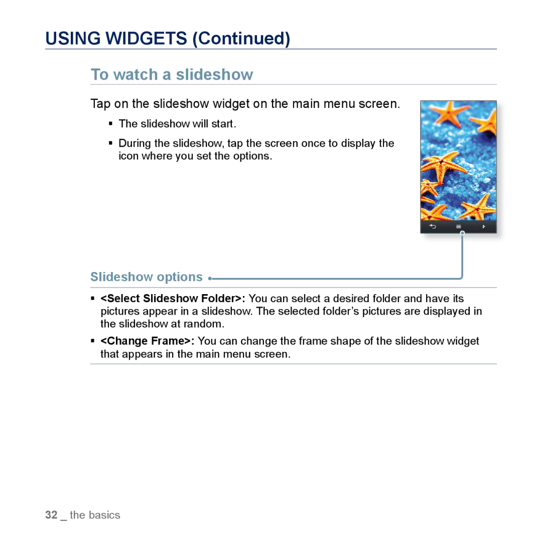 Samsung YP-M1CB, YP-M1EB manual To watch a slideshow, Tap on the slideshow widget on the main menu screen, Slideshow options 