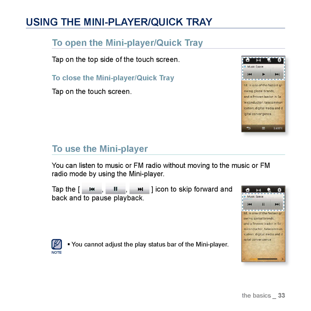 Samsung YP-M1EB, YP-M1CB manual Using the MINI-PLAYER/QUICK Tray, To open the Mini-player/Quick Tray, To use the Mini-player 