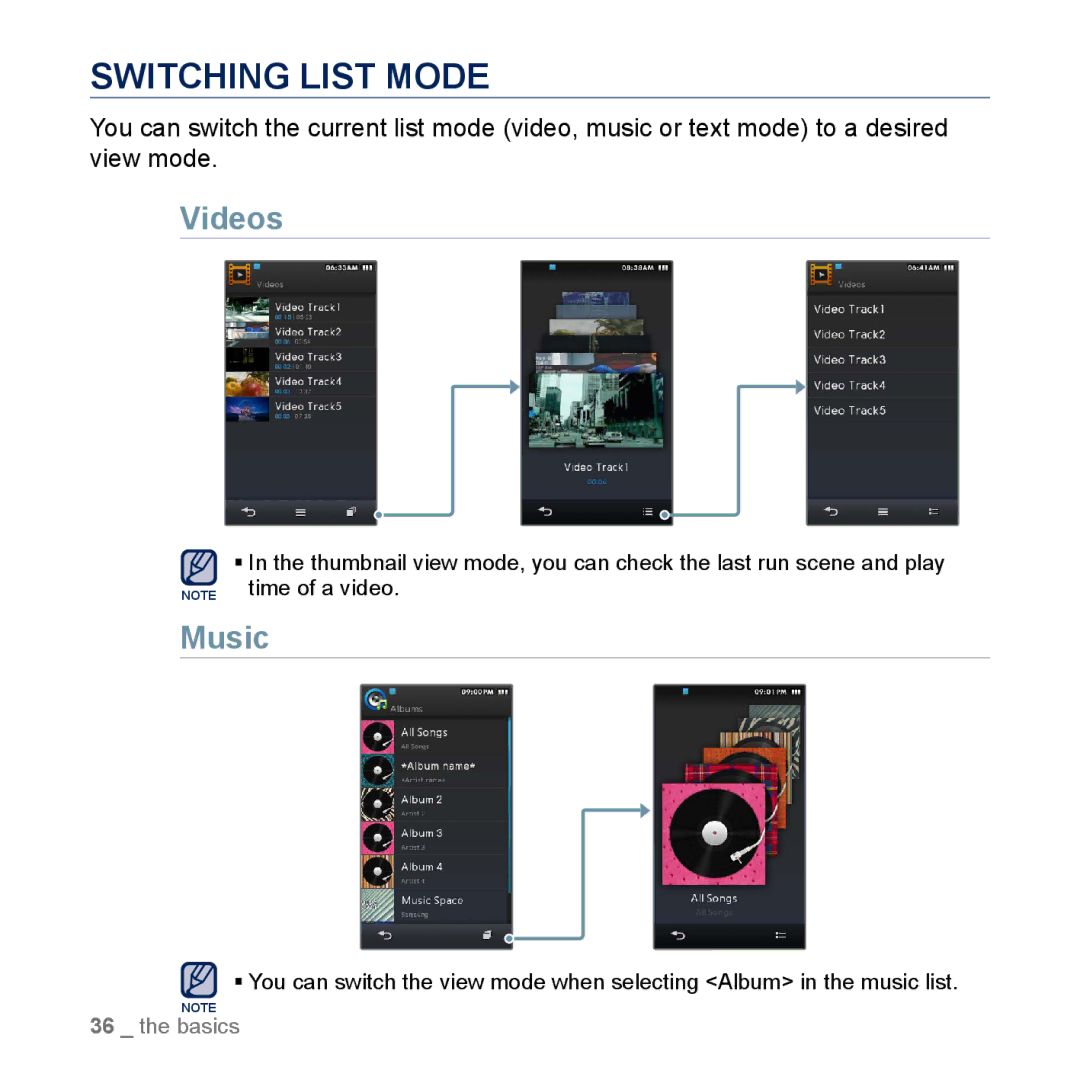 Samsung YP-M1CB, YP-M1EB manual Switching List Mode, Videos, Music 