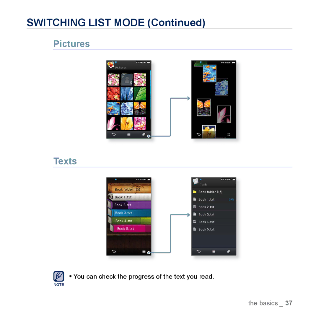 Samsung YP-M1EB, YP-M1CB manual Switching List Mode, Pictures Texts 