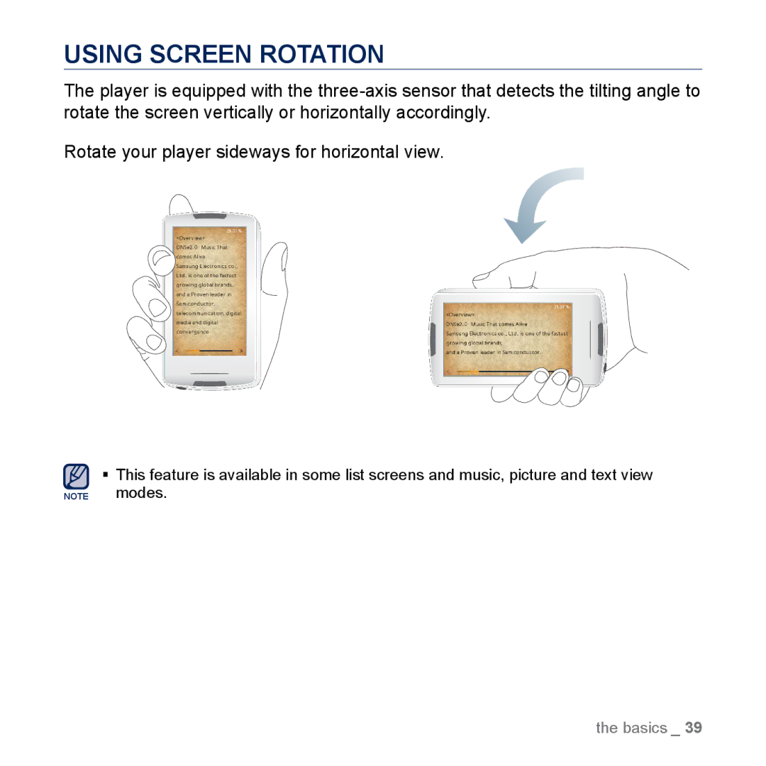 Samsung YP-M1EB, YP-M1CB manual Using Screen Rotation 