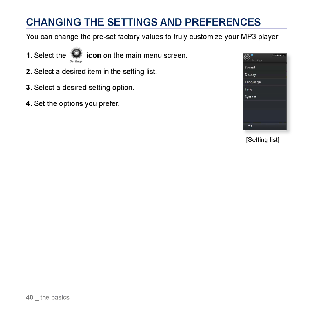 Samsung YP-M1CB, YP-M1EB manual Changing the Settings and Preferences 