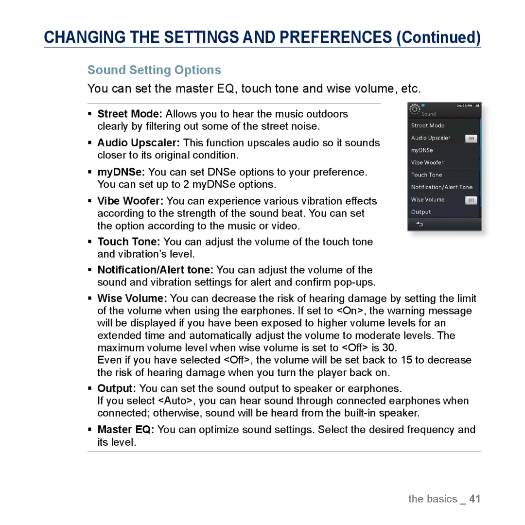 Samsung YP-M1EB, YP-M1CB manual Sound Setting Options, You can set the master EQ, touch tone and wise volume, etc 