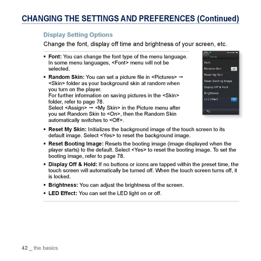 Samsung YP-M1CB, YP-M1EB manual Display Setting Options 