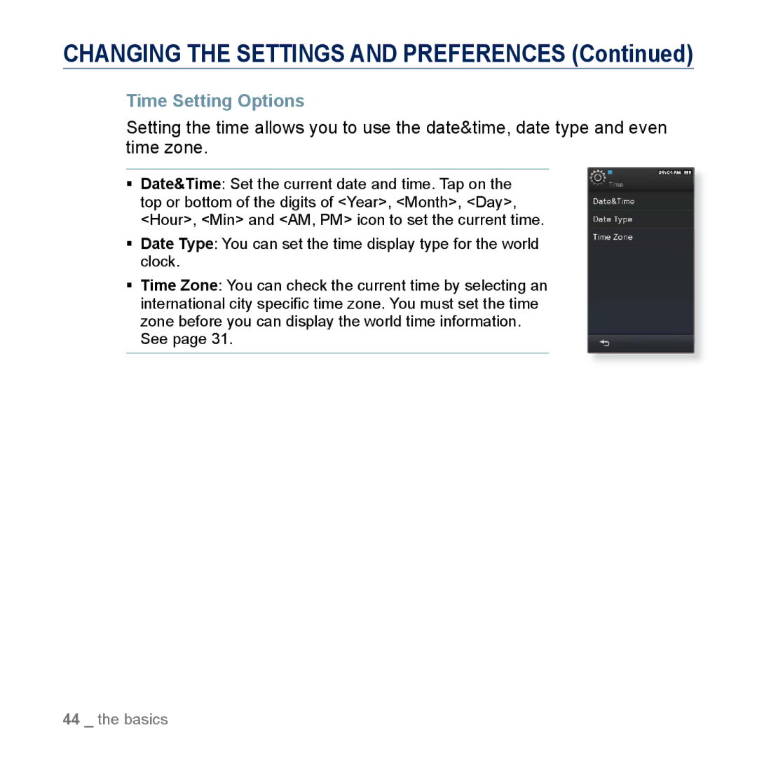 Samsung YP-M1CB, YP-M1EB manual Time Setting Options 