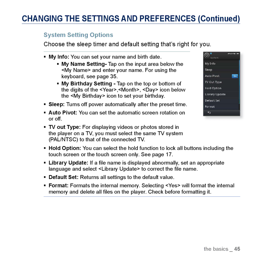 Samsung YP-M1EB, YP-M1CB manual System Setting Options 