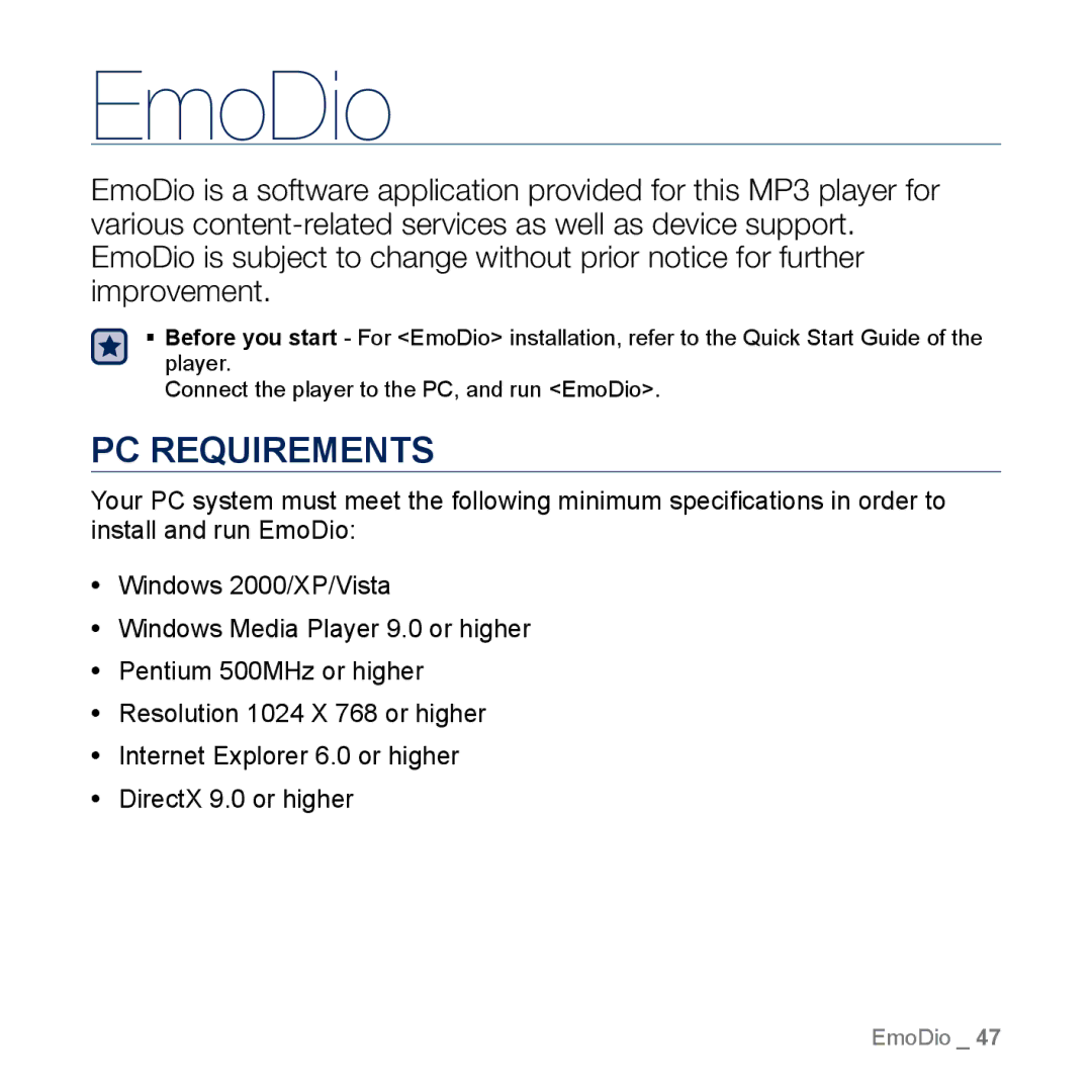 Samsung YP-M1EB, YP-M1CB manual EmoDio, PC Requirements 