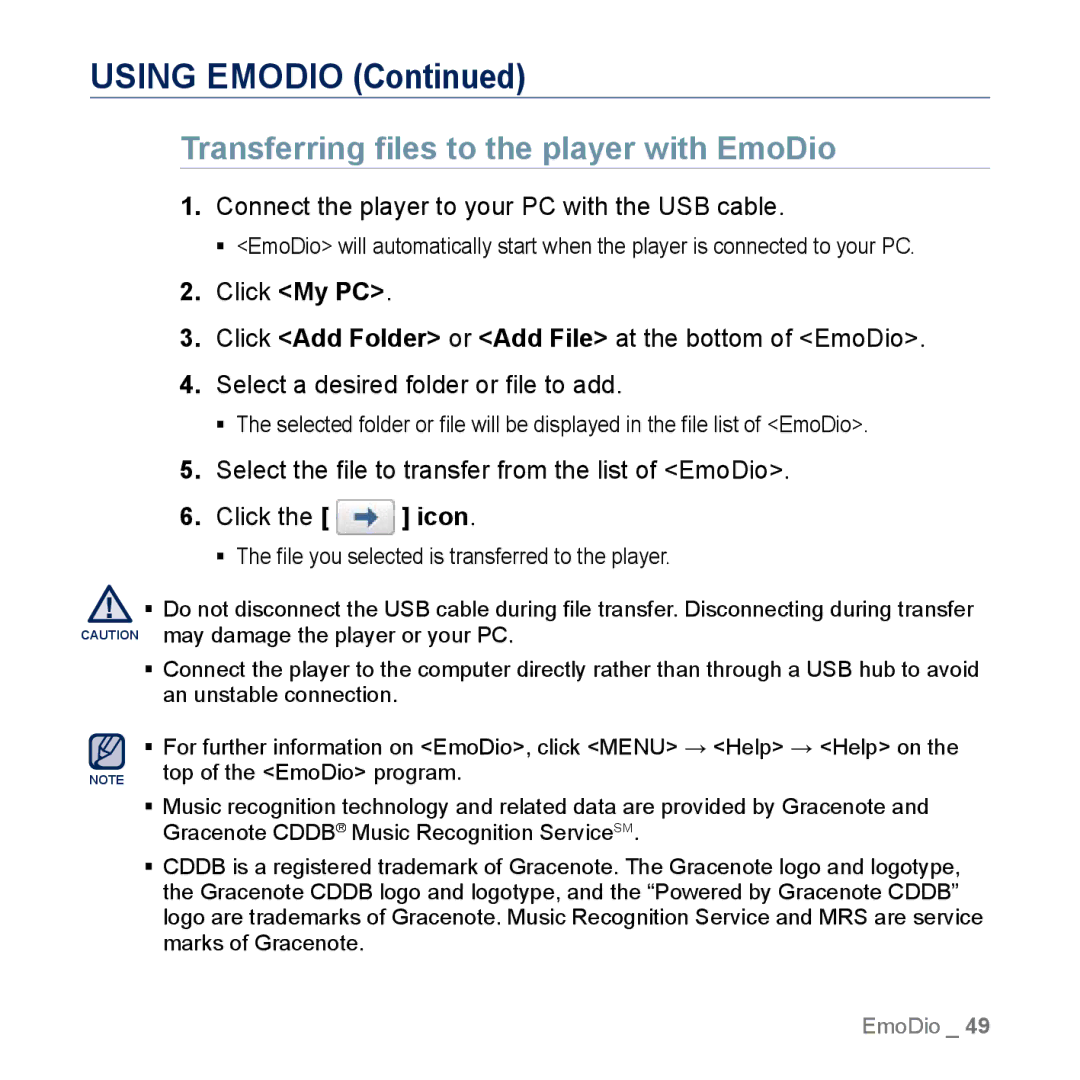 Samsung YP-M1EB, YP-M1CB manual Using Emodio, Transferring ﬁles to the player with EmoDio 