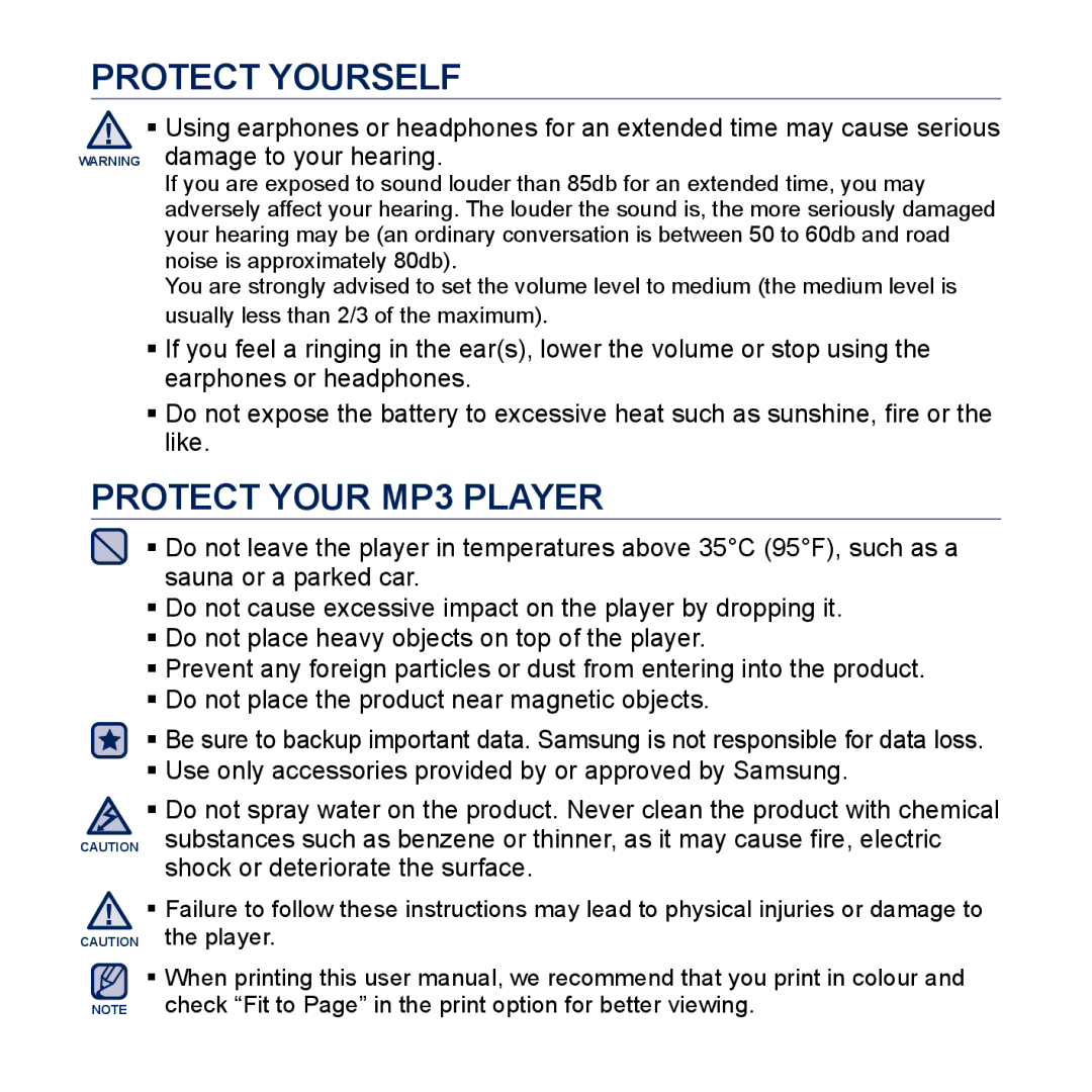 Samsung YP-M1EB, YP-M1CB manual Protect Your MP3 Player 