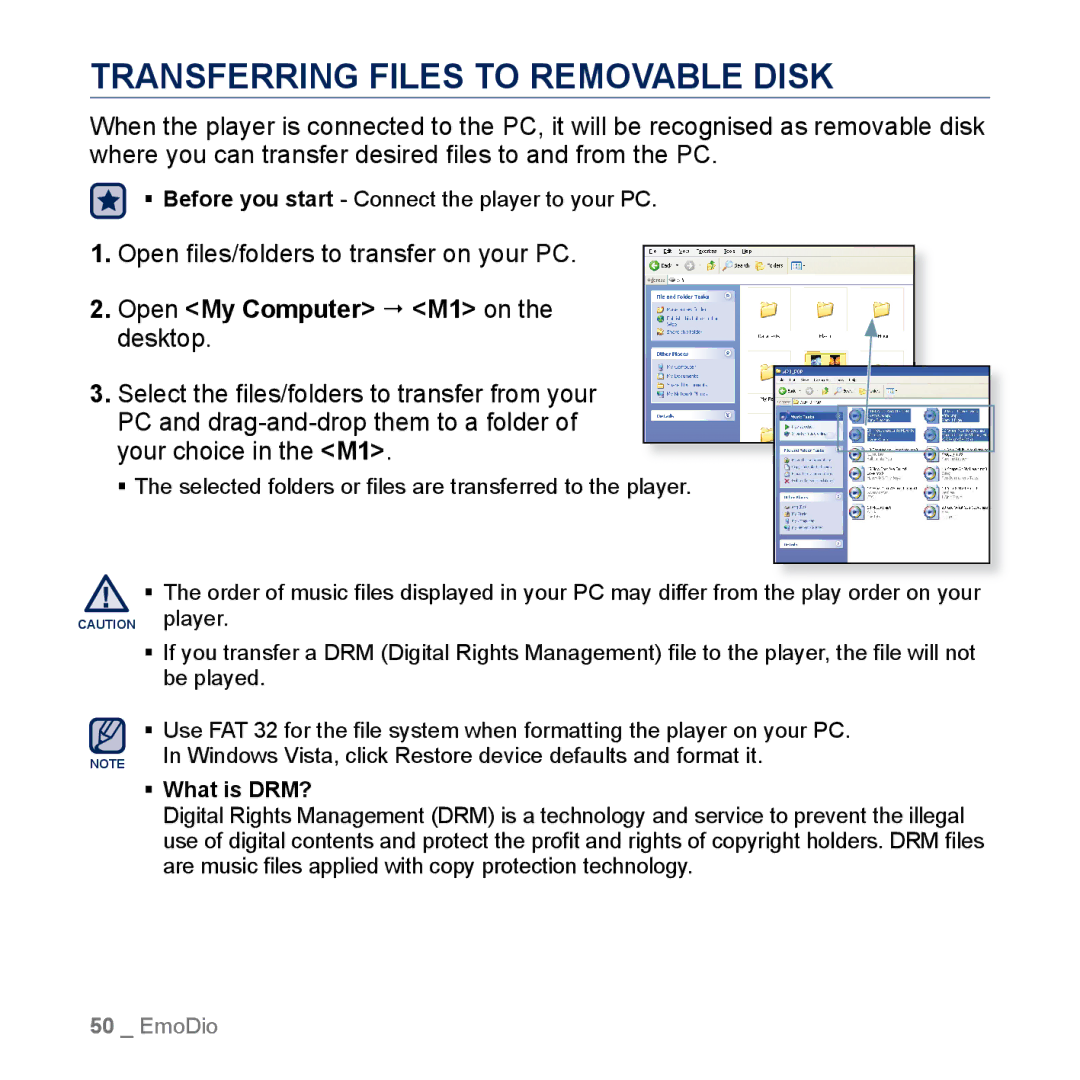 Samsung YP-M1CB Transferring Files to Removable Disk, Open ﬁles/folders to transfer on your PC, Open My Computer  M1 on 