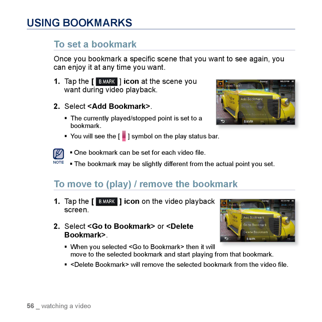 Samsung YP-M1CB, YP-M1EB Using Bookmarks, To set a bookmark, To move to play / remove the bookmark, Select Add Bookmark 