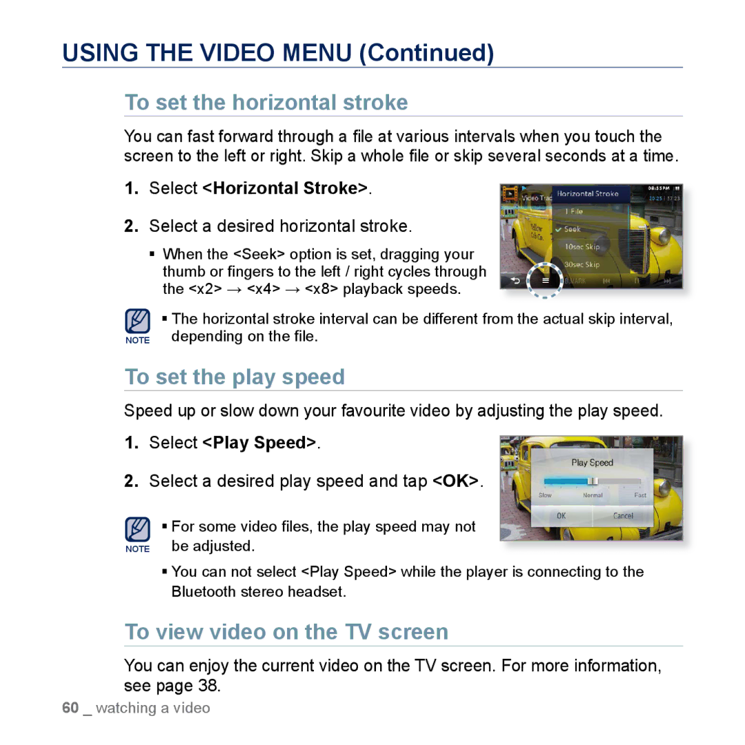 Samsung YP-M1CB To set the horizontal stroke, To set the play speed, To view video on the TV screen, Select Play Speed 