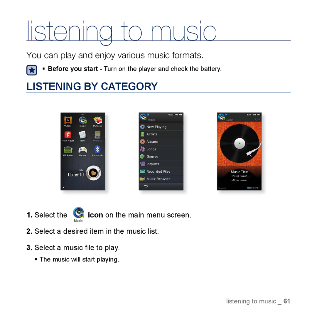 Samsung YP-M1EB, YP-M1CB manual Listening to music, Listening by Category 