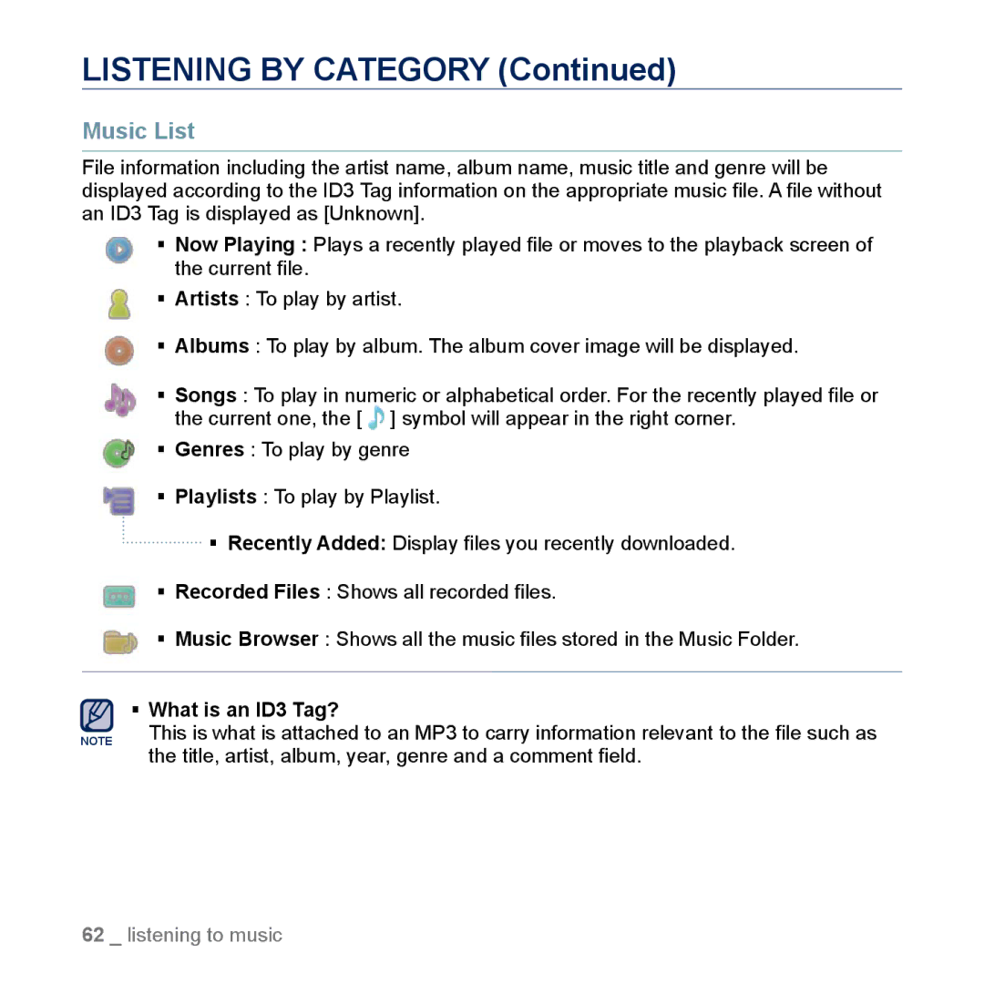 Samsung YP-M1CB, YP-M1EB manual Listening by Category, Music List 