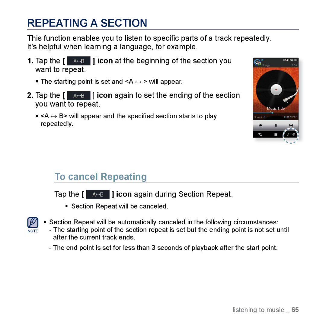 Samsung YP-M1EB Repeating a Section, To cancel Repeating, Want to repeat, Tap the icon again during Section Repeat 