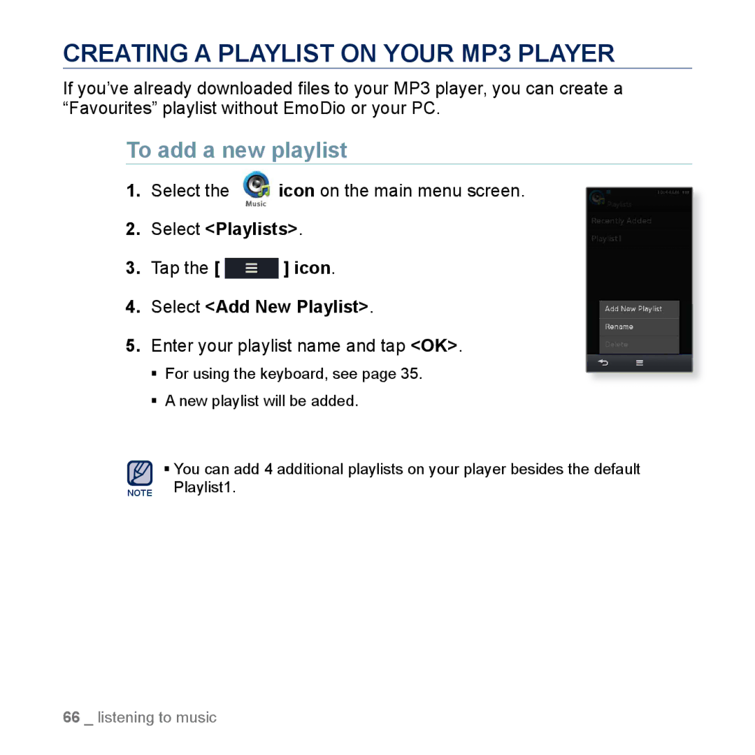 Samsung YP-M1CB Creating a Playlist on Your MP3 Player, To add a new playlist, Select Playlists, Select Add New Playlist 