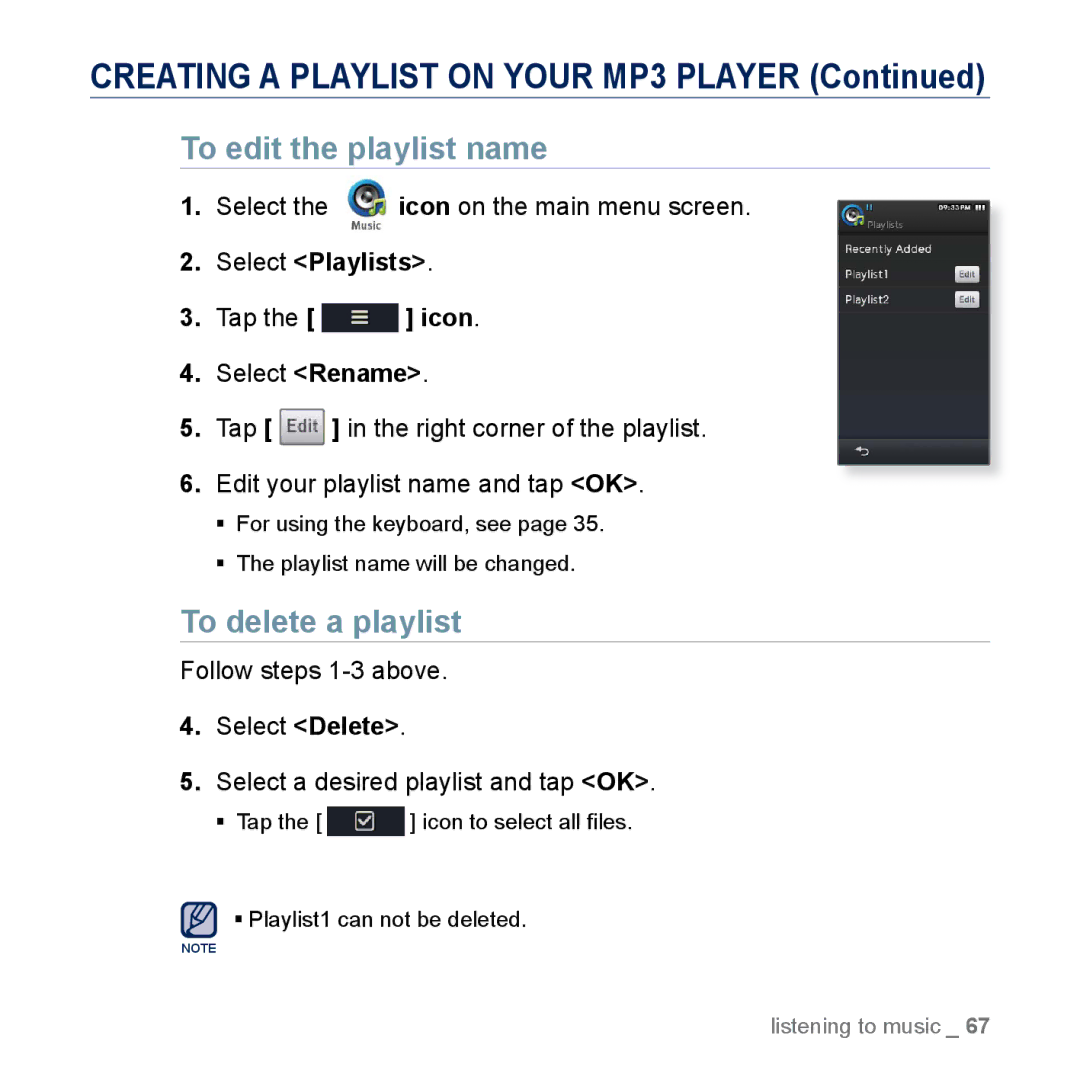 Samsung YP-M1EB, YP-M1CB manual To edit the playlist name, To delete a playlist 