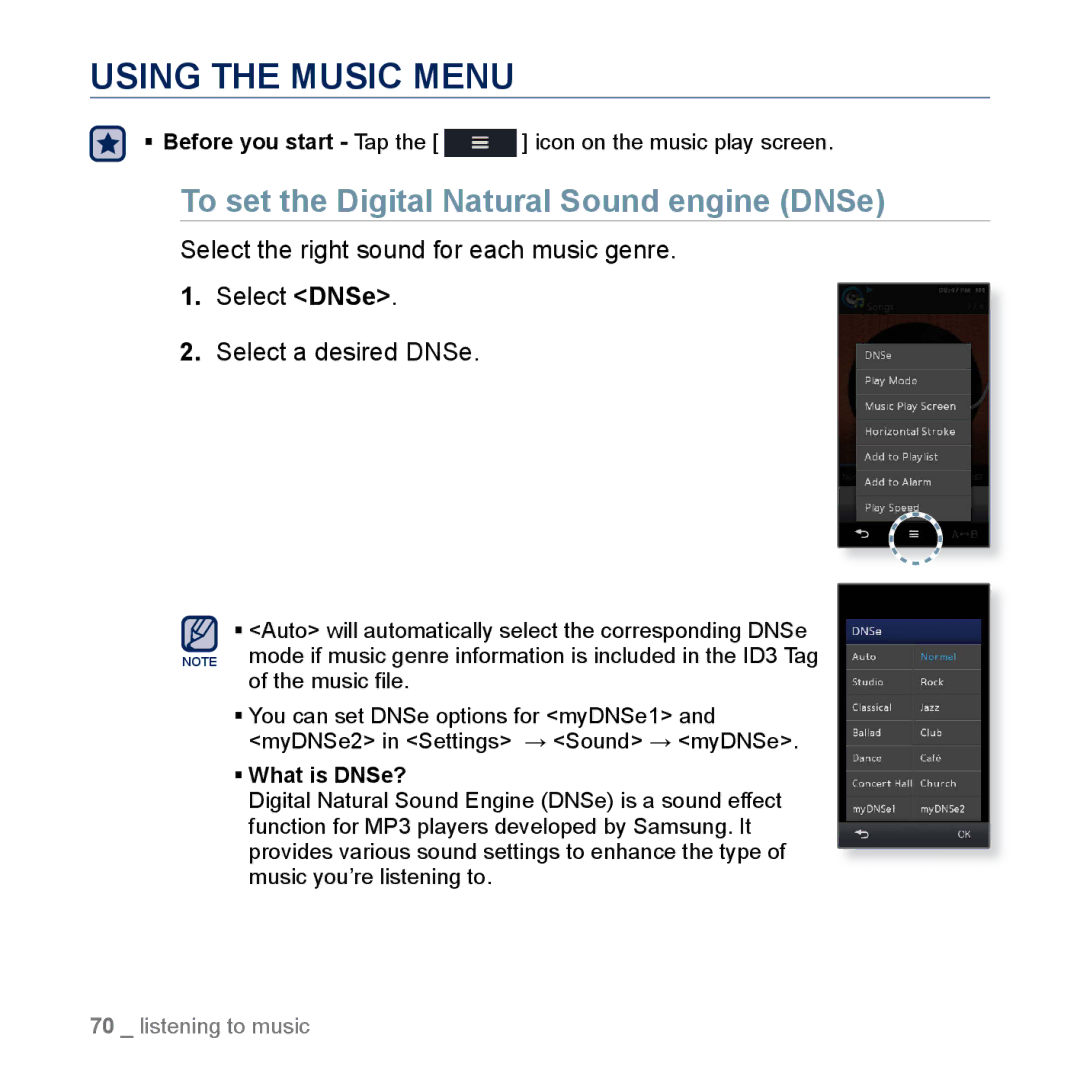 Samsung YP-M1CB, YP-M1EB manual Using the Music Menu, To set the Digital Natural Sound engine DNSe 