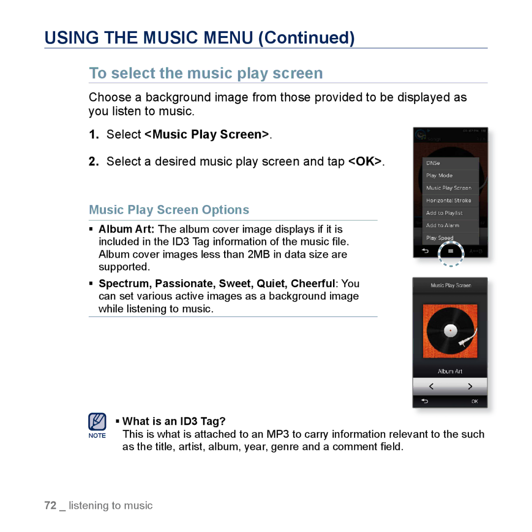 Samsung YP-M1CB To select the music play screen, Select Music Play Screen, Select a desired music play screen and tap OK 