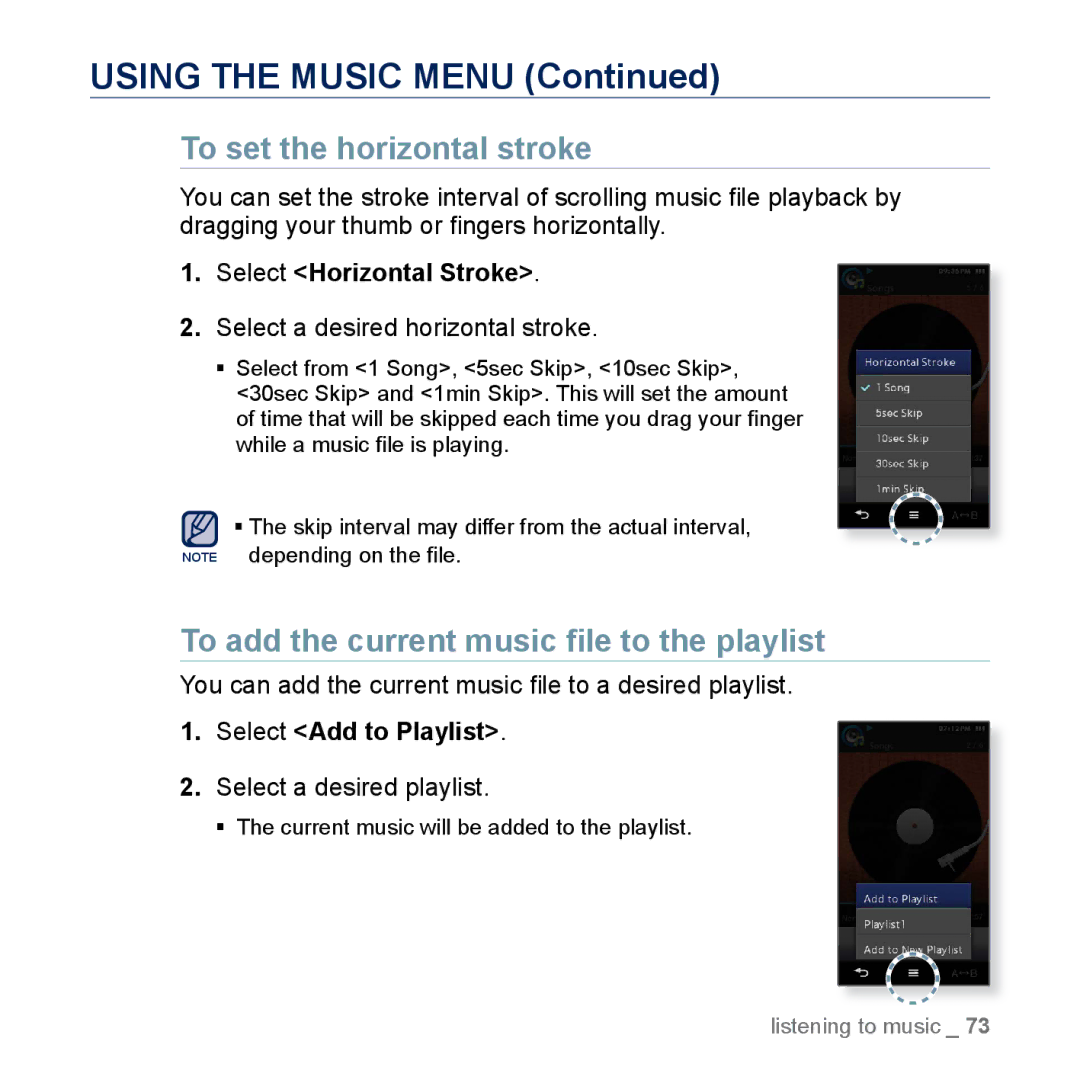 Samsung YP-M1EB To add the current music ﬁle to the playlist, You can add the current music ﬁle to a desired playlist 