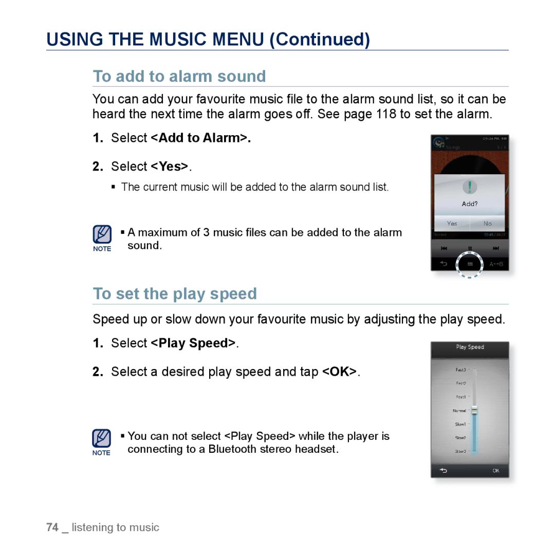 Samsung YP-M1CB, YP-M1EB manual To add to alarm sound, Select Add to Alarm, Select Yes 