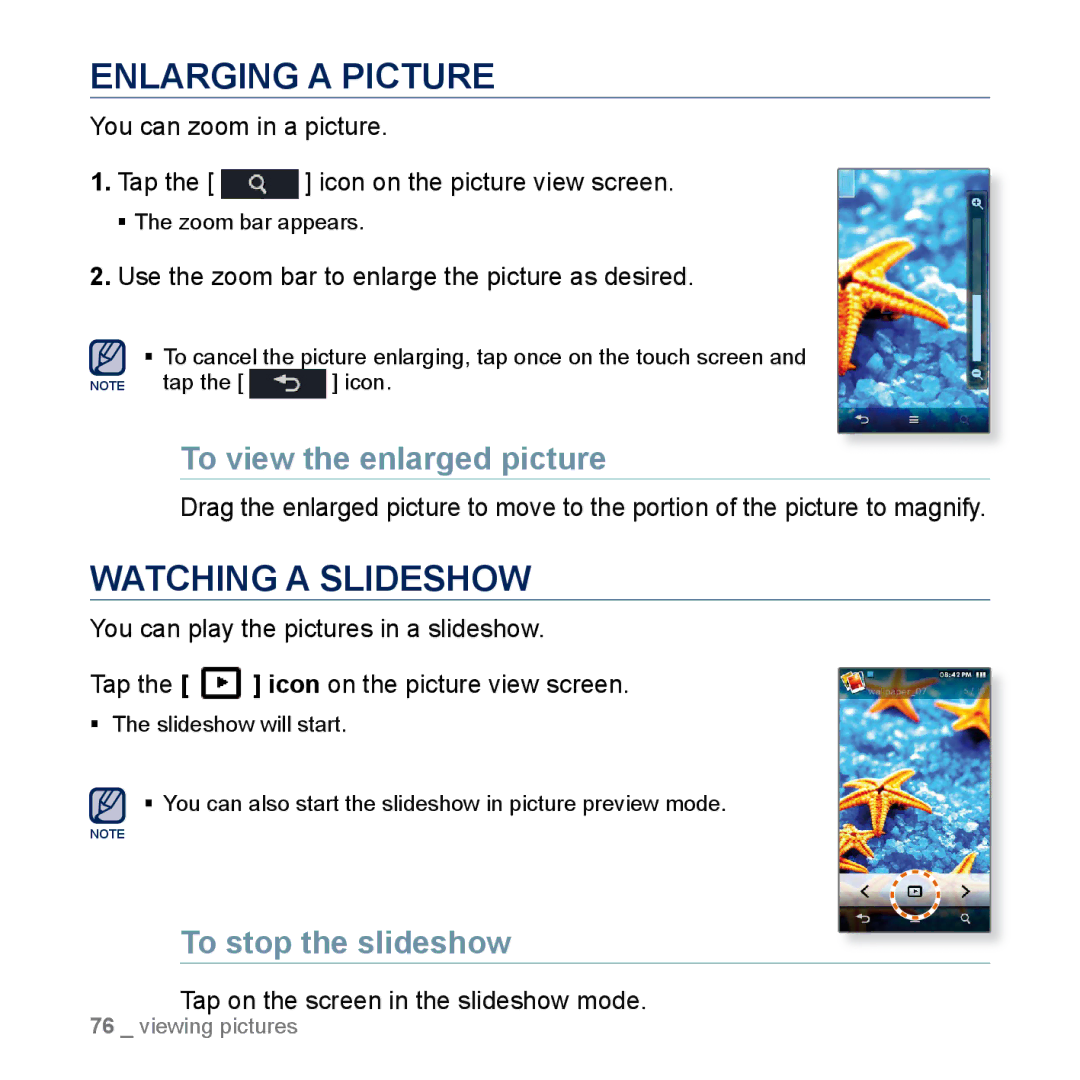 Samsung YP-M1CB, YP-M1EB Enlarging a Picture, Watching a Slideshow, To view the enlarged picture, To stop the slideshow 