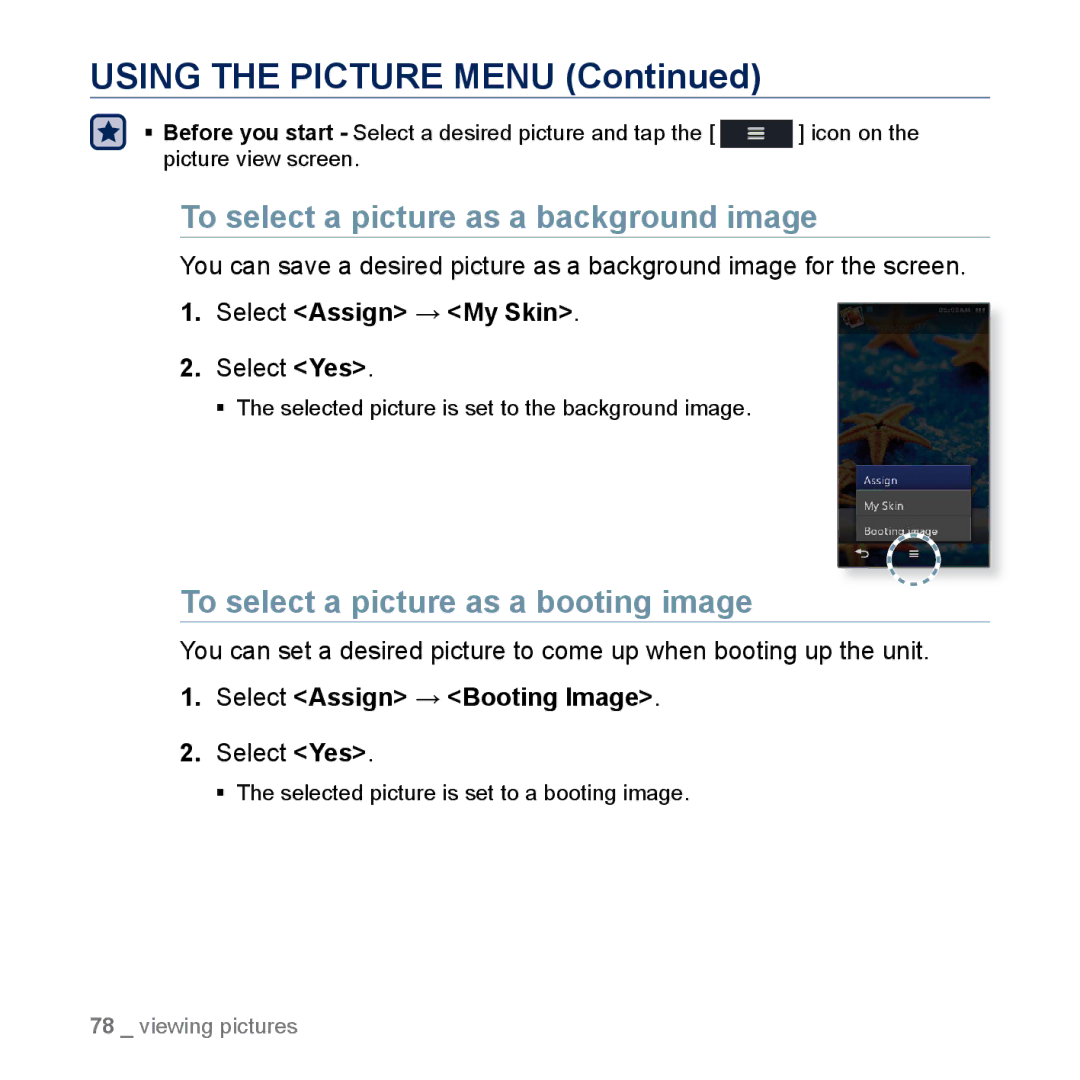 Samsung YP-M1CB Using the Picture Menu, To select a picture as a background image, To select a picture as a booting image 