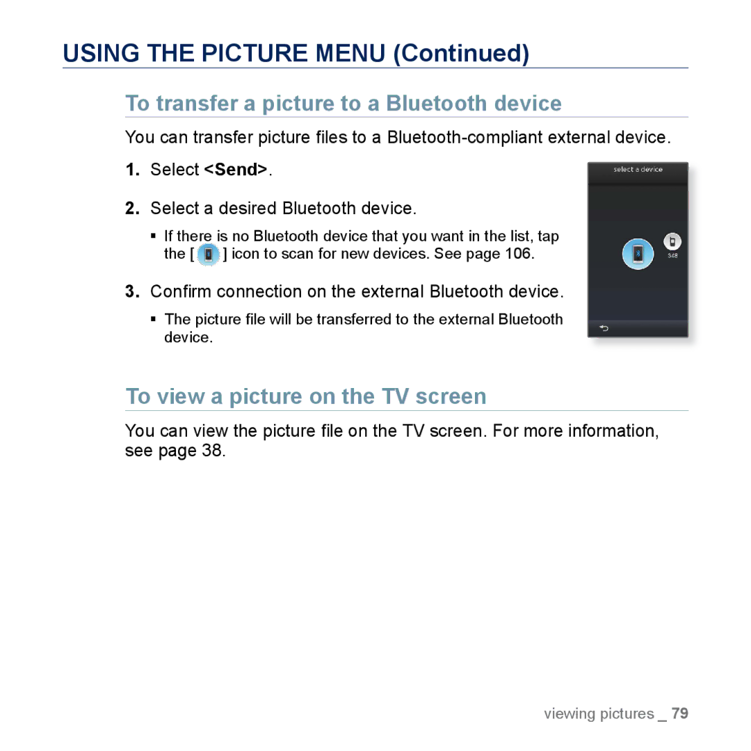 Samsung YP-M1EB, YP-M1CB manual To transfer a picture to a Bluetooth device, To view a picture on the TV screen 