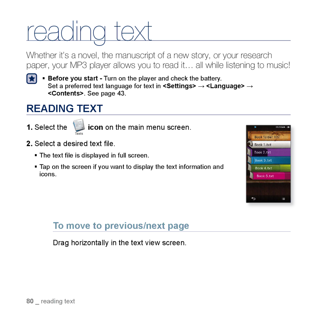 Samsung YP-M1CB, YP-M1EB Reading text, Reading Text, To move to previous/next, Drag horizontally in the text view screen 