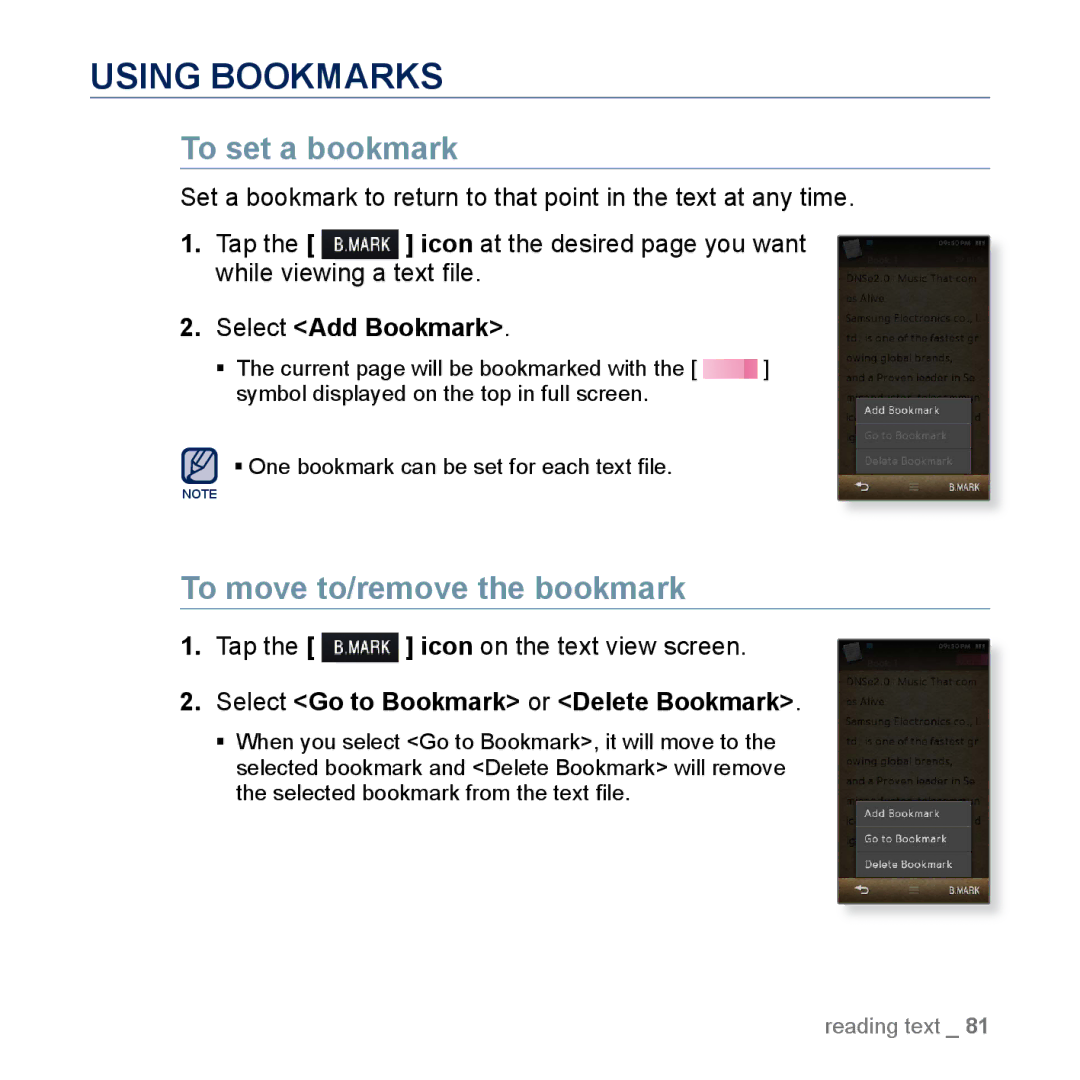 Samsung YP-M1EB, YP-M1CB manual To move to/remove the bookmark, Tap the icon on the text view screen 