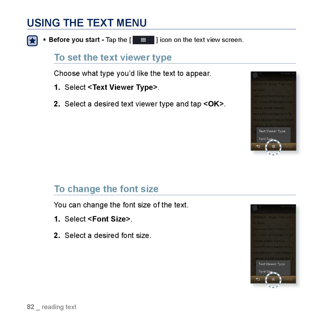 Samsung YP-M1CB manual Using the Text Menu, To set the text viewer type, To change the font size, Select Text Viewer Type 