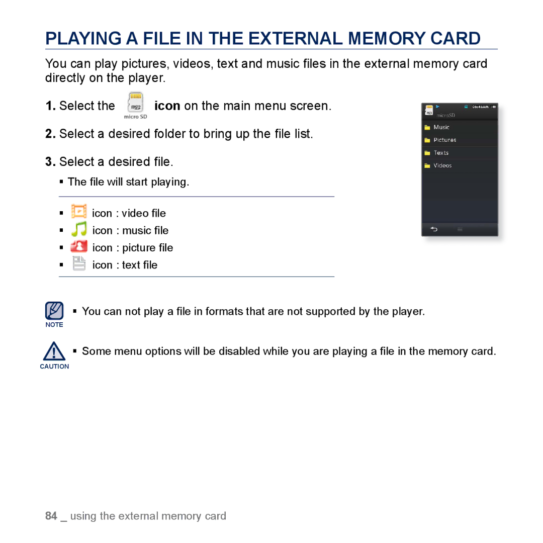 Samsung YP-M1CB, YP-M1EB manual Playing a File in the External Memory Card 