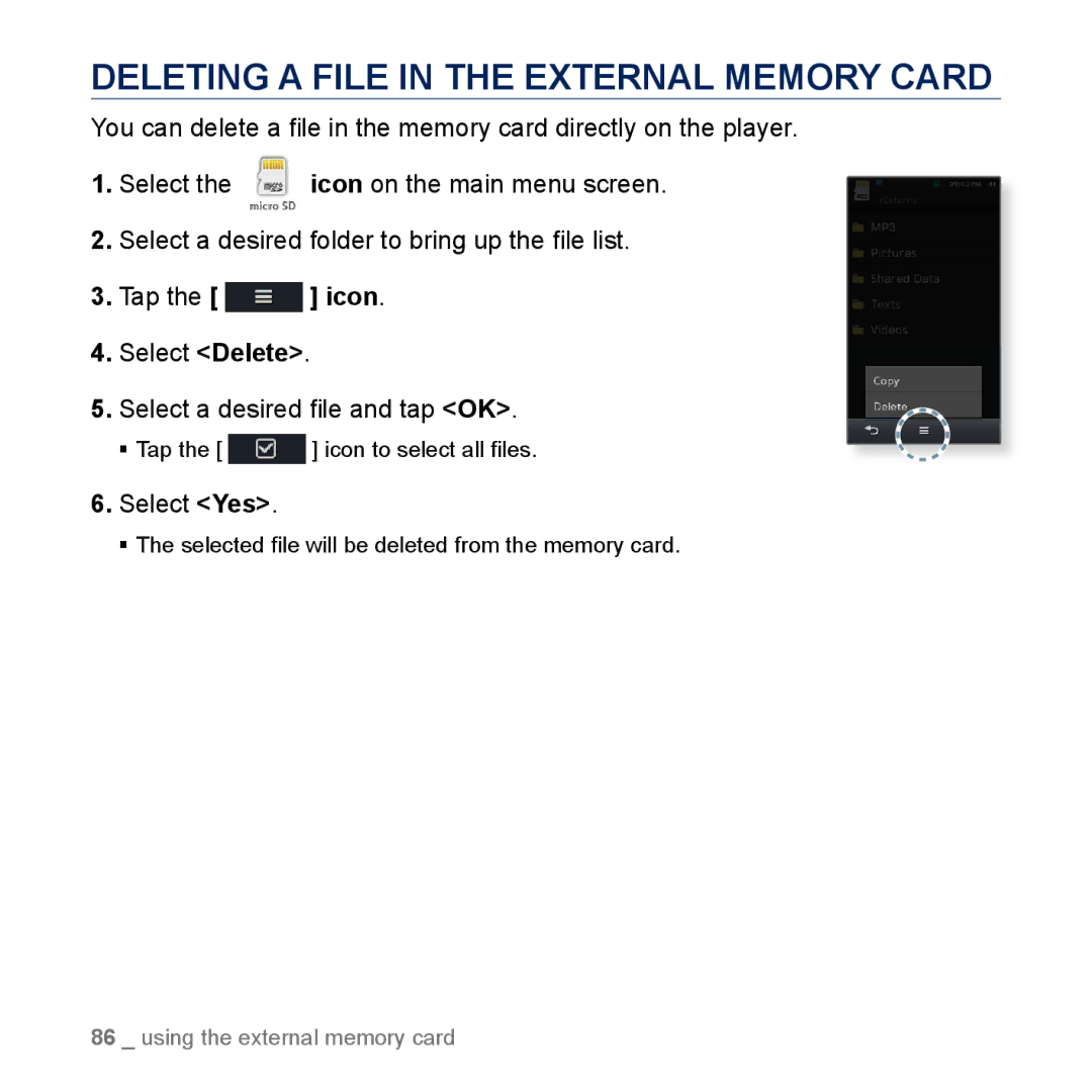 Samsung YP-M1CB, YP-M1EB manual Deleting a File in the External Memory Card 