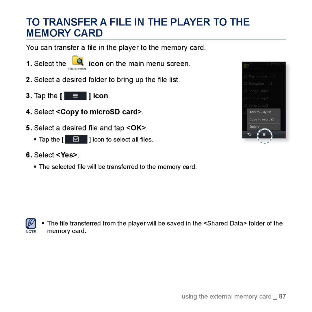 Samsung YP-M1EB, YP-M1CB manual To Transfer a File in the Player to the Memory Card, Select Copy to microSD card 