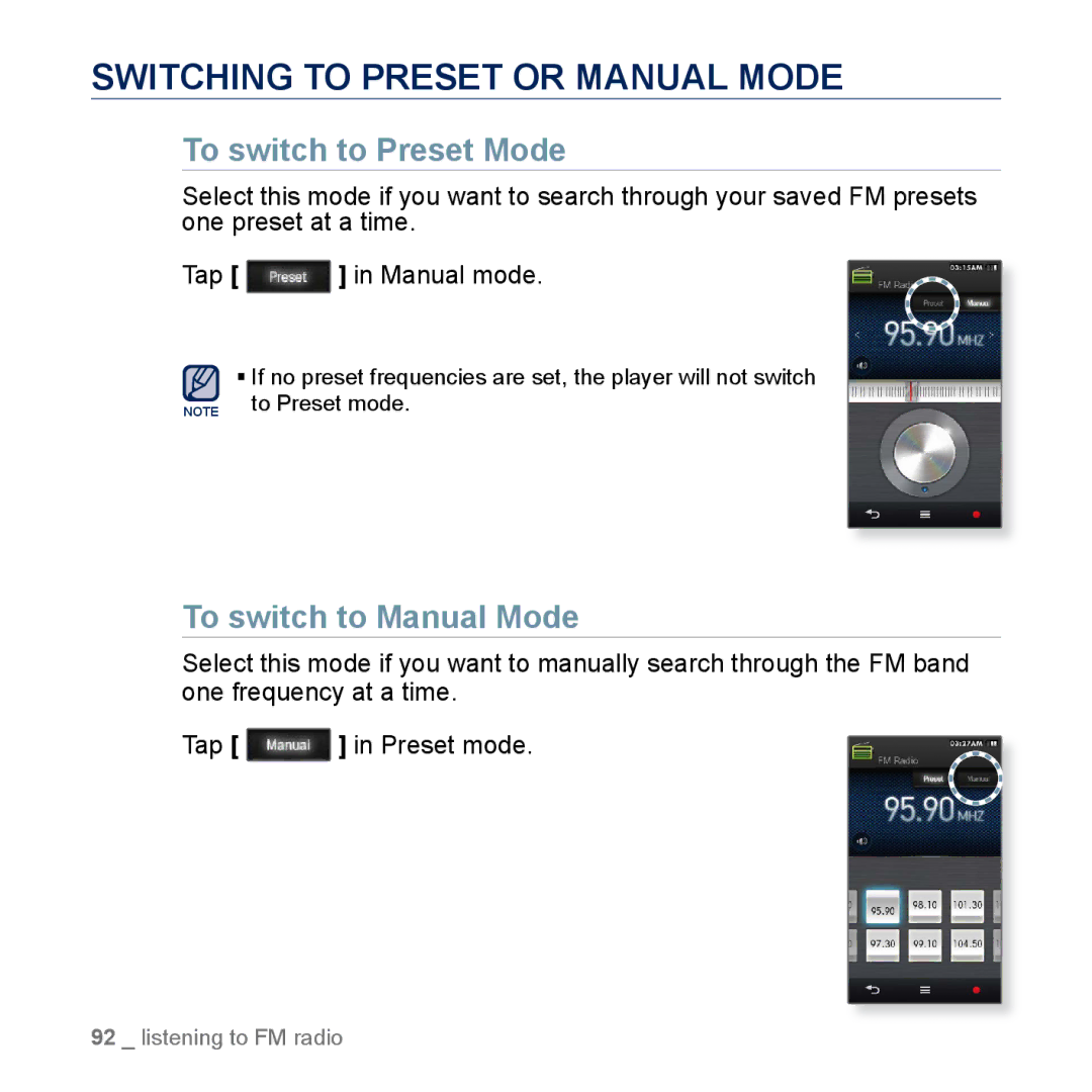 Samsung YP-M1CB, YP-M1EB manual Switching to Preset or Manual Mode, To switch to Preset Mode, To switch to Manual Mode 