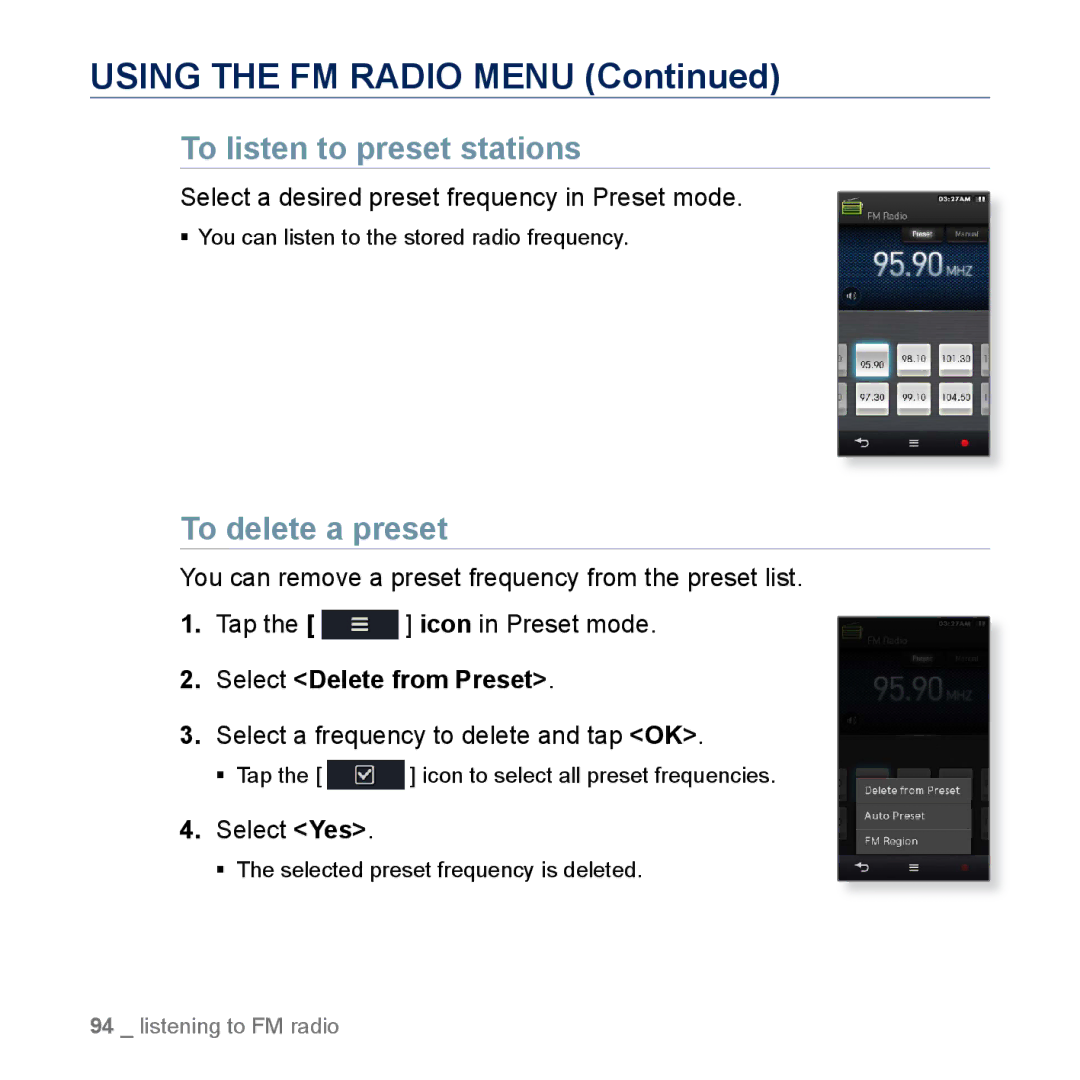 Samsung YP-M1CB manual Using the FM Radio Menu, To listen to preset stations, To delete a preset, Select Delete from Preset 