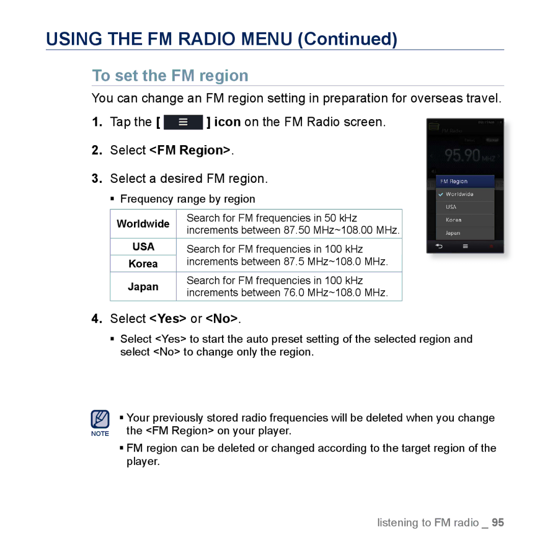 Samsung YP-M1EB, YP-M1CB manual To set the FM region, Select FM Region, Select a desired FM region 