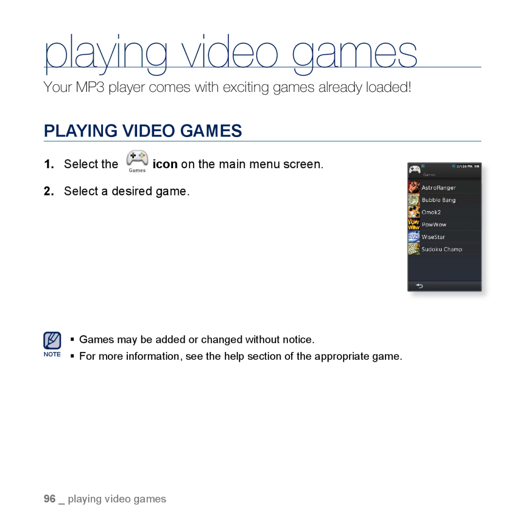 Samsung YP-M1CB, YP-M1EB manual Playing video games, Playing Video Games 