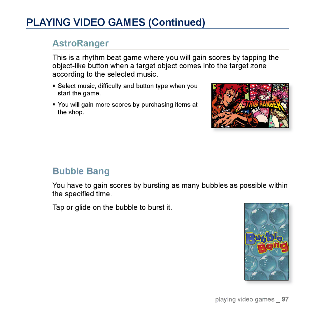 Samsung YP-M1EB, YP-M1CB manual Playing Video Games, Bubble Bang 