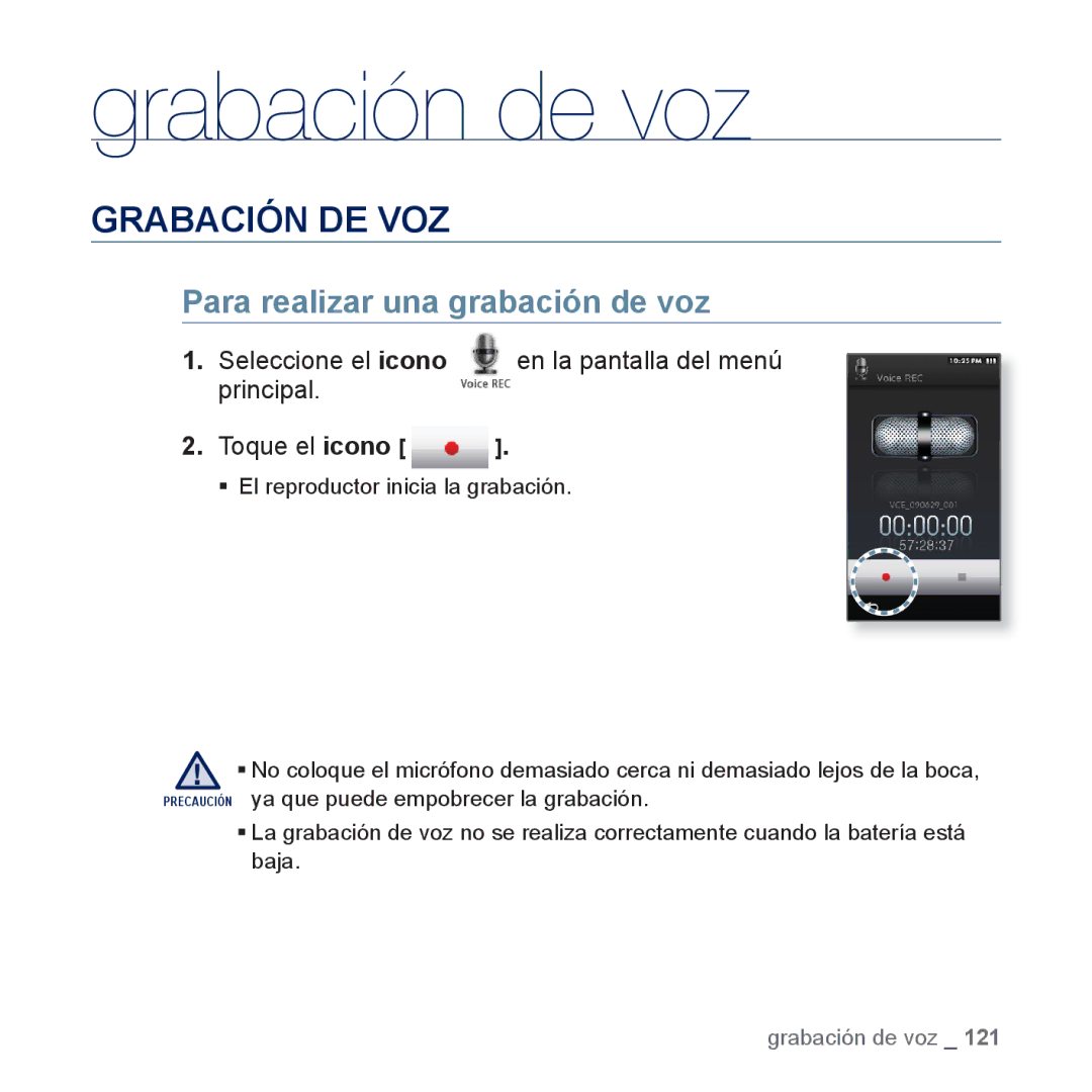 Samsung YP-M1JEB/EDC, YP-M1JCB/EDC manual Grabación de voz, Grabación DE VOZ, Para realizar una grabación de voz 