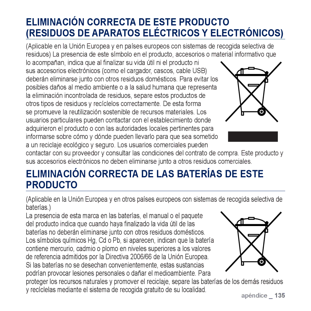 Samsung YP-M1JEB/EDC, YP-M1JCB/EDC manual Eliminación Correcta DE LAS Baterías DE Este Producto 