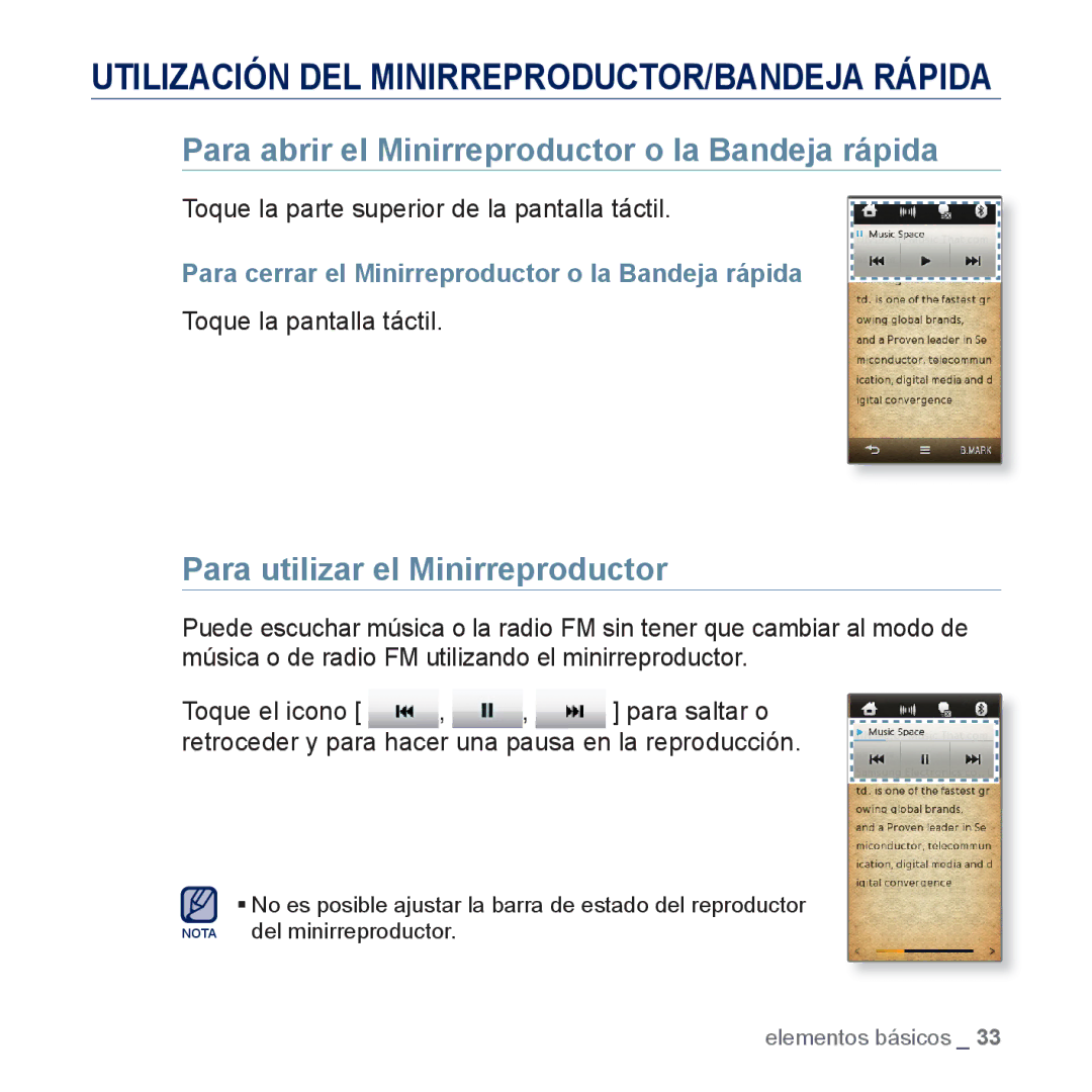 Samsung YP-M1JEB/EDC, YP-M1JCB/EDC Para abrir el Minirreproductor o la Bandeja rápida, Para utilizar el Minirreproductor 