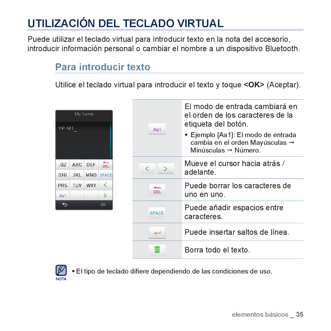 Samsung YP-M1JEB/EDC, YP-M1JCB/EDC manual Utilización DEL Teclado Virtual, Para introducir texto 