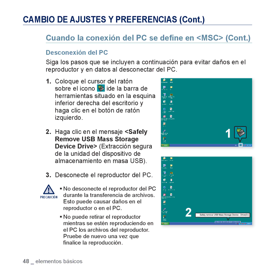 Samsung YP-M1JCB/EDC, YP-M1JEB/EDC Desconexión del PC, Haga clic en el mensaje Safely, Desconecte el reproductor del PC 