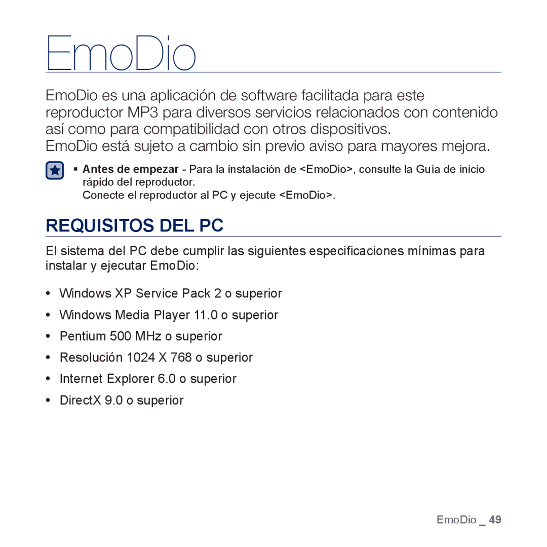 Samsung YP-M1JEB/EDC, YP-M1JCB/EDC manual EmoDio, Requisitos DEL PC 